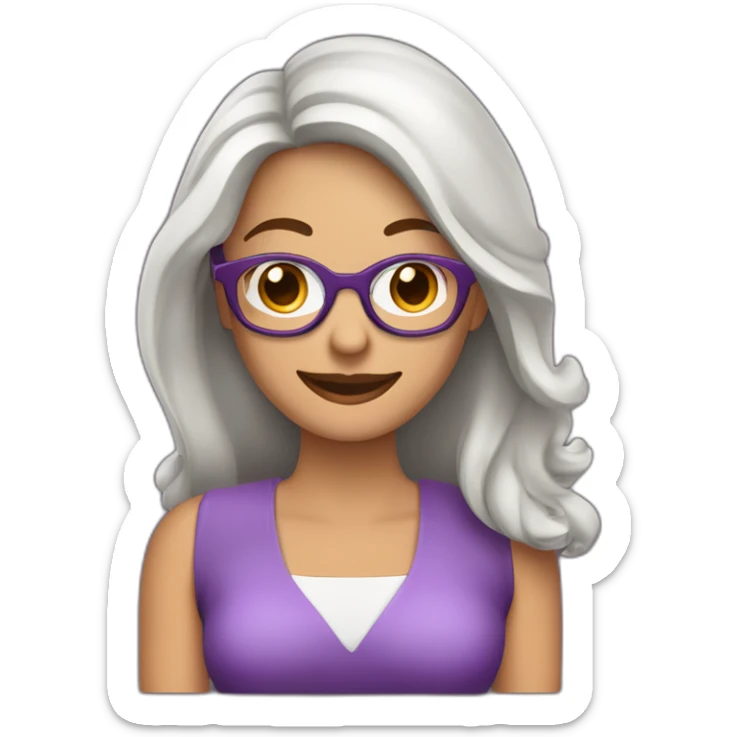 mujer feliz ojos cafe claros con piel blanca con gafas cabello en el hombro y de color marron con un computador en la mano de color morado sticker