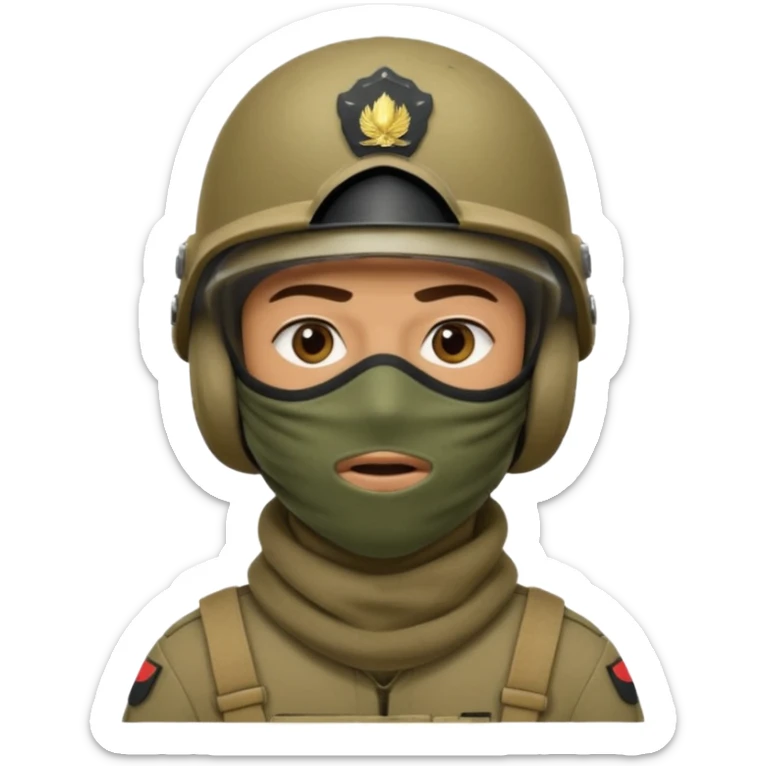 
an Iraqi soldier with a serious face, wearing a helmet and a balaclava covering his mouth sticker