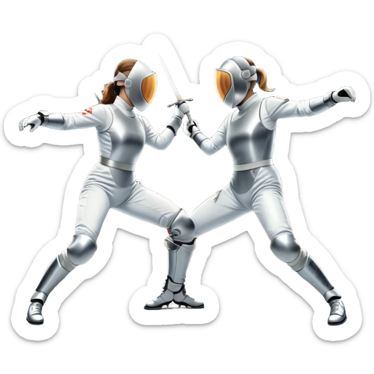 Two fencers in full protective gear and masks duel on a professional piste, swords clashing mid-air. Dynamic lunges and defensive stances highlight the intensity of the sport. The background features a stylized fencing arena with bright lights. Transparent background sticker