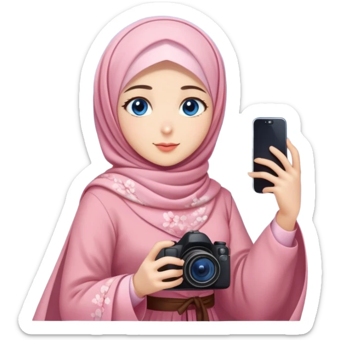 Turkish beautiful finish Konya girls blue eyes with lovely cherry blossom hijab long tail dress and she takes photo from sky sticker