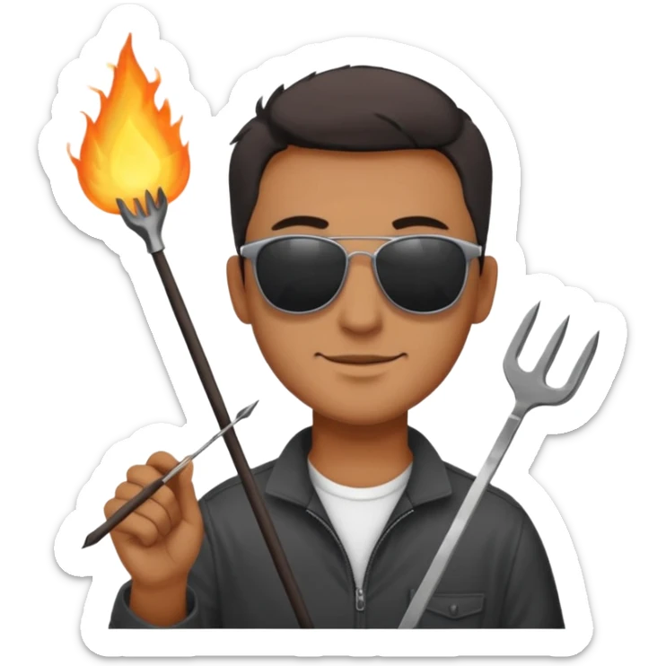 A guy in sunglasses holding tongs, proudly turning skewers over glowing charcoal. sticker