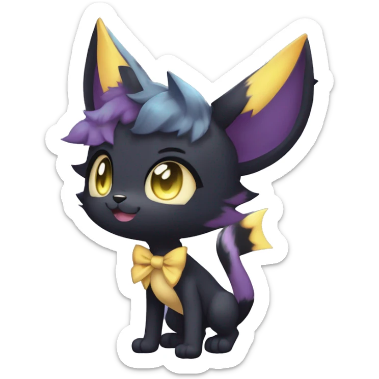 Shiny Cool Edgy Emo pastel Black beautiful ethereal fantasy Kawaii Sona Umbreon-Noibat-Litten-Fakemon-cat-animal with edgy bat-ears bow tie black mane vtuber model Full Body sticker
