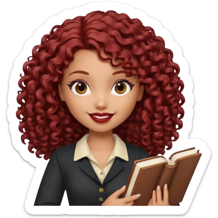 generate a pretty bratz girl curly dark red hair, brown lipstick on, smiling. Book in hand sticker