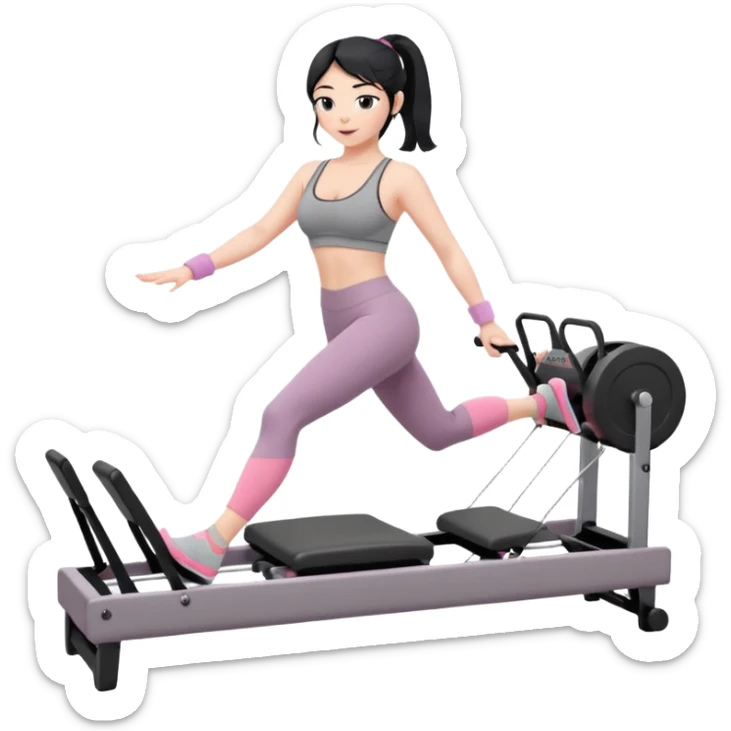 Create a Pilates emoji: a girl with fair skin and black hair, wearing a grey bra and grey leggings with pink pilates socks, exercising on a pilates reformer and not looking at the camera sticker