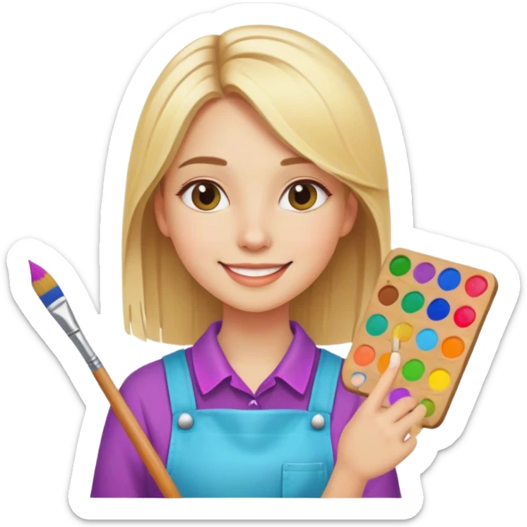 painter girl with straight blonde hair, very cheerful and colorful sticker