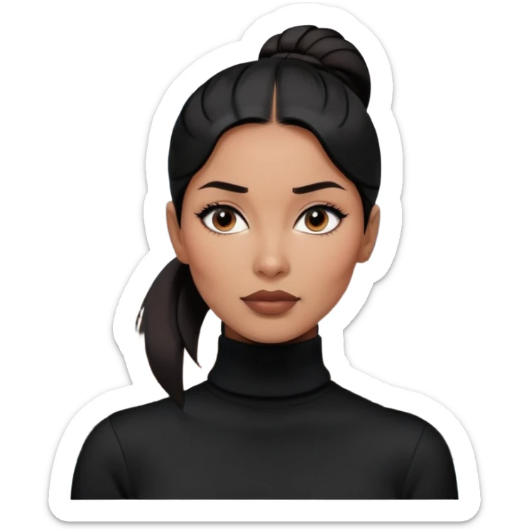 A half-body portrait of a stylish woman with sleek black hair tied in a low ponytail, dressed in a chic, minimalist outfit with a black turtleneck sweater. She has a confident expression, with a modern cityscape as the background sticker