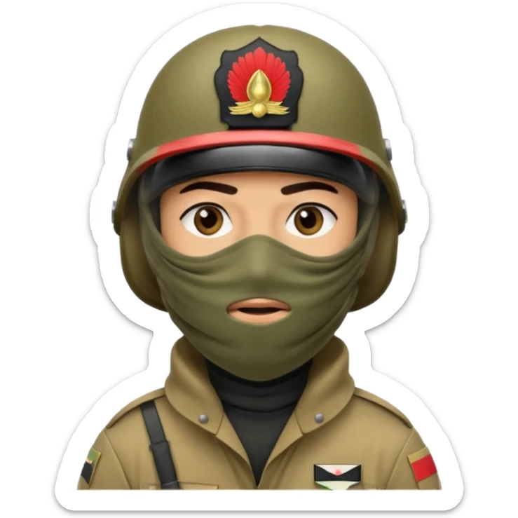 
an Iraqi soldier with a serious face, wearing a helmet and a balaclava covering his mouth sticker