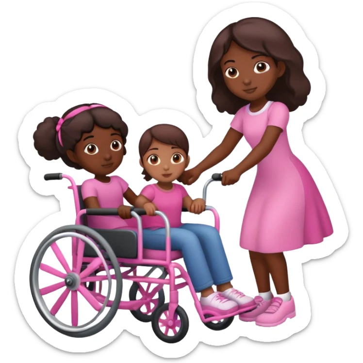 One dark skinned sister pushing her brown sister in a pink wheelchair sticker
