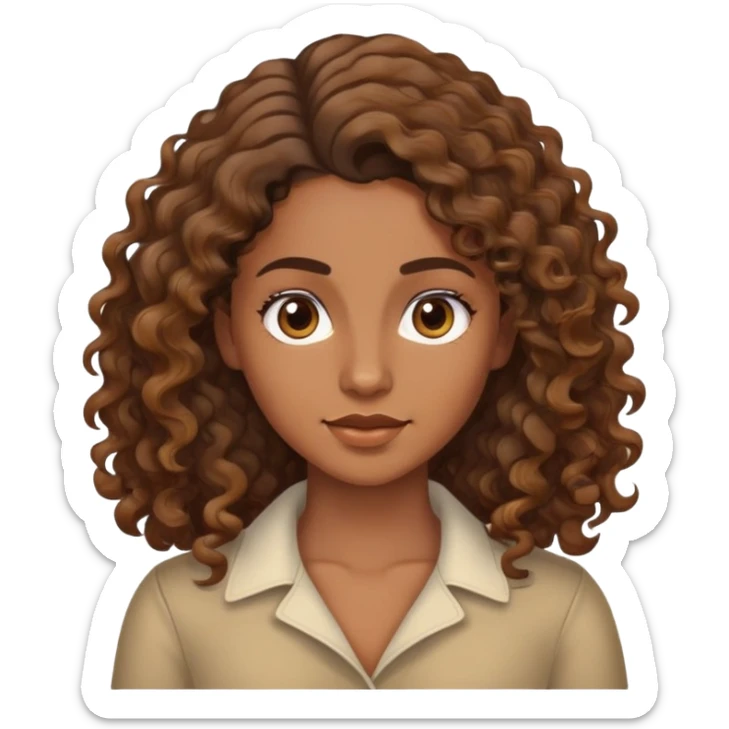 "- Nữ
- 30 tuổi
- Da nâu
- Tóc xoăn sóng lọn nhỏ nâu, dài, phồng sang bên trái
- Mặt không cười
- Đổi ngôi tóc sticker