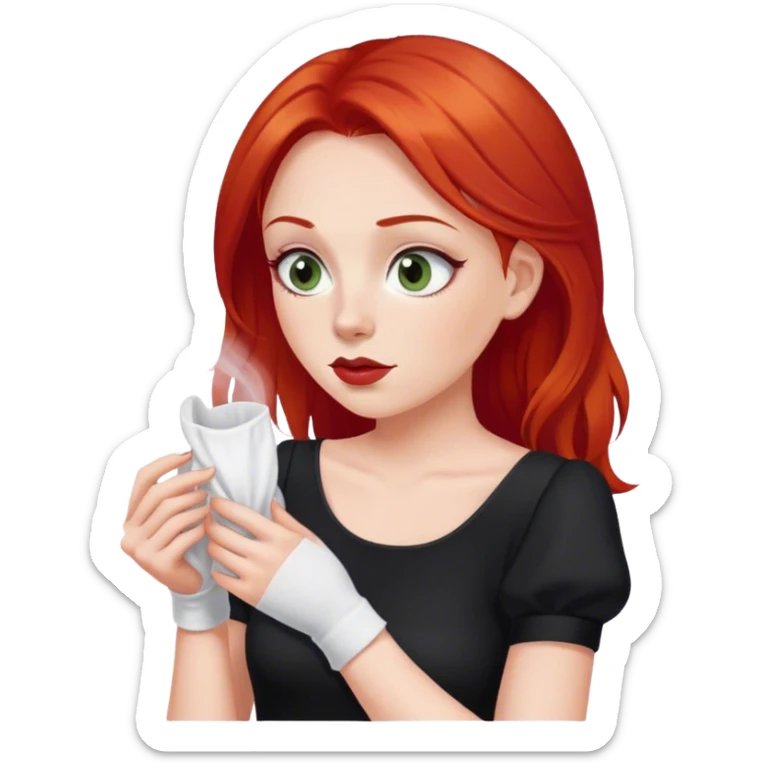 a woman with red hair and red eyes sniffing a white sock. The woman wear a black  dress sticker