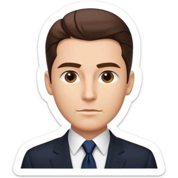 Caucasian man with slicked back brown hair, black suit, navy tie, elegant look standing  sticker