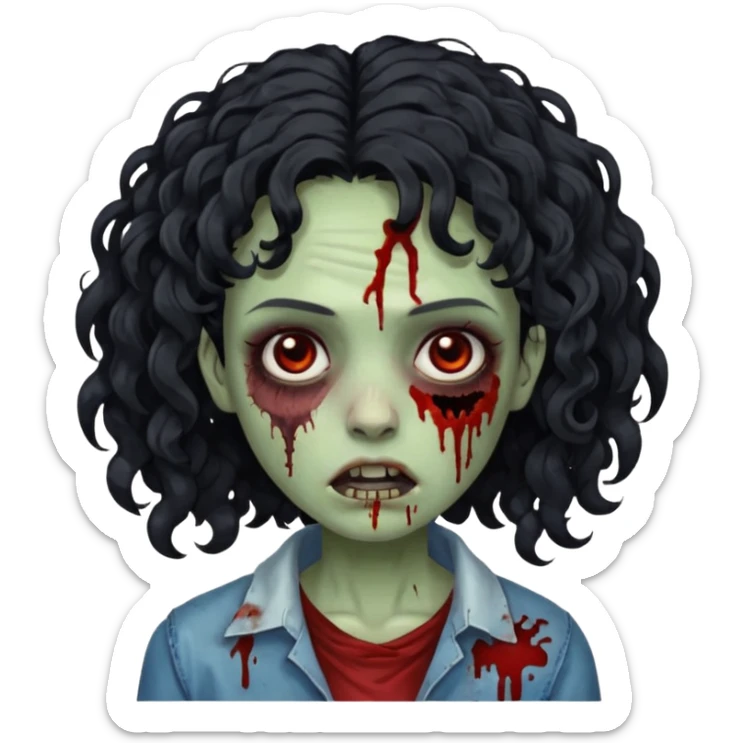 a zombie with curly medium black hair, dark brown eyes and a bit of blood on her cheek sticker