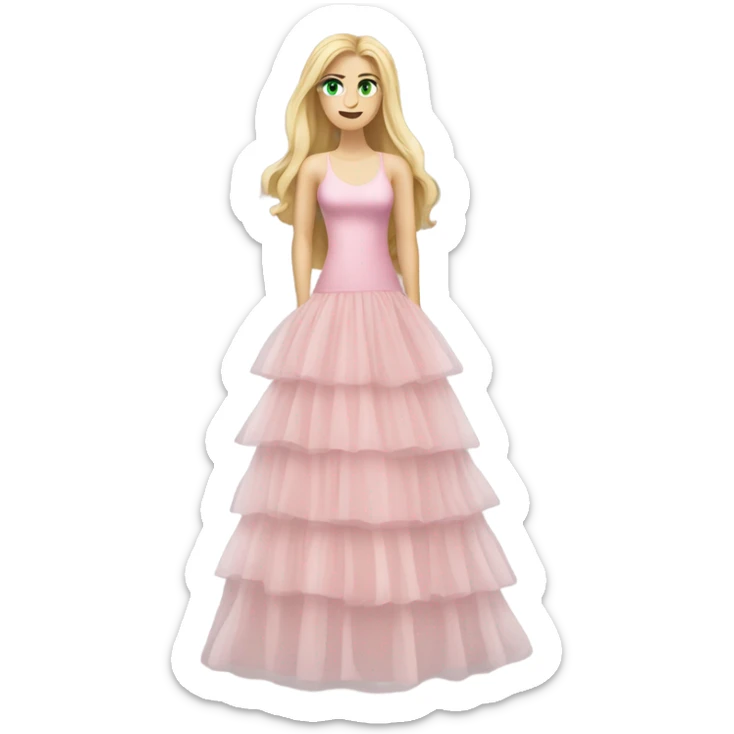 Realistic White woman with Long blonde straight hair and green eyes, full body wearing Long soft pink tiered tulle dress, isolated sticker