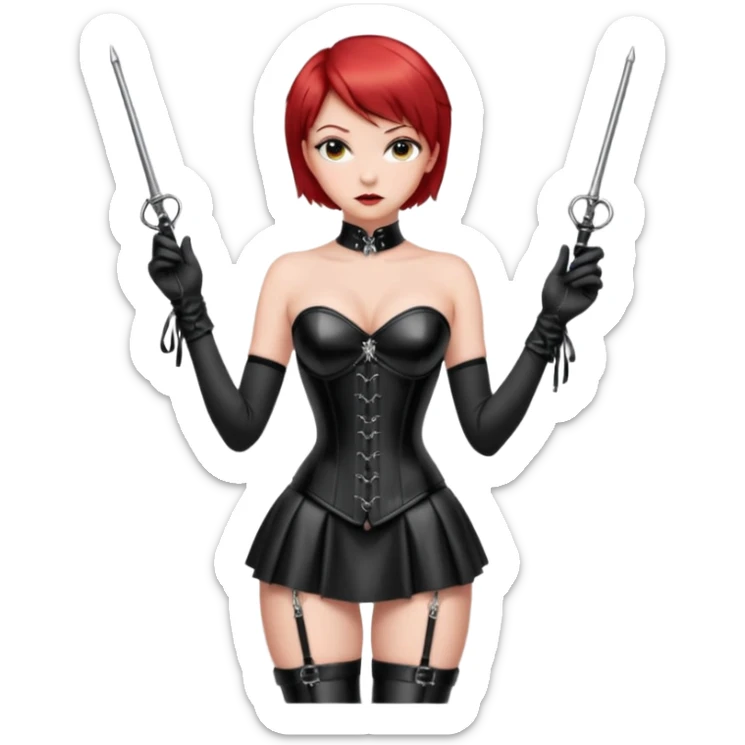 mistress, dominant girl, short red hair, serious look, shiny black leather corset, latex miniskirt, whip in hand, long black gloves, black hold-ups, high heels sticker