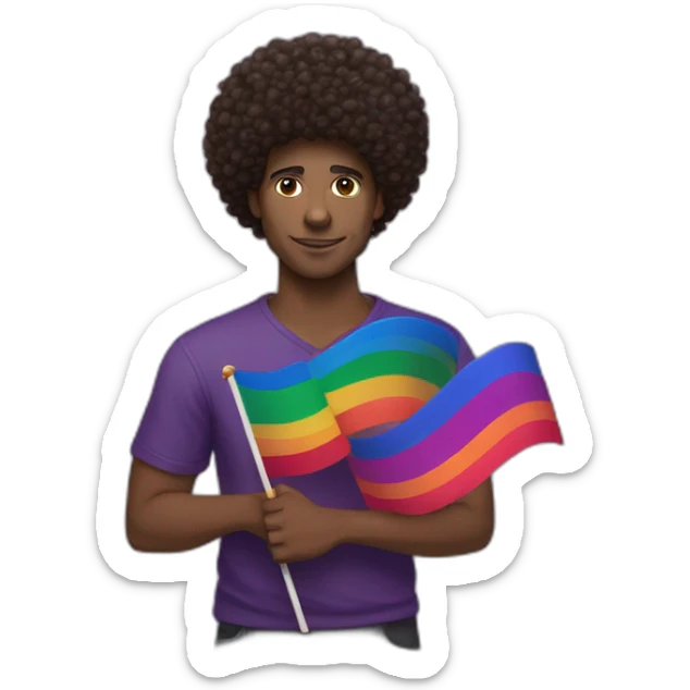 african-american man with curly "afro" hair holding a bisexual flag containing the 3 colored bi flag sticker