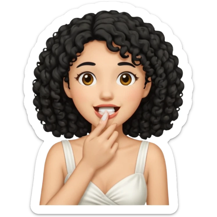 Woman with black curly hair giggling covering mouth wearing white dress sticker