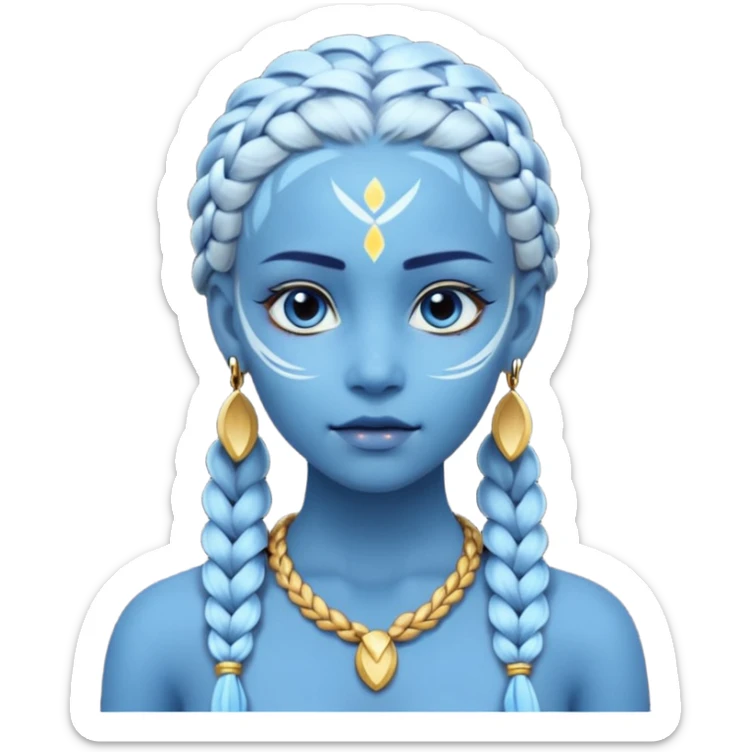 Draw a Na’vi female with glowing blue skin, white forehead markings, braided hair, gold earrings & a calm gaze. sticker