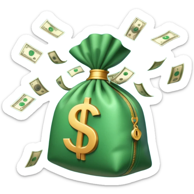 

3D emoji style, big bag of money, flying dollar bills, rich casino vibe, smooth lighting, high detail, clean edges, transparent background



 sticker