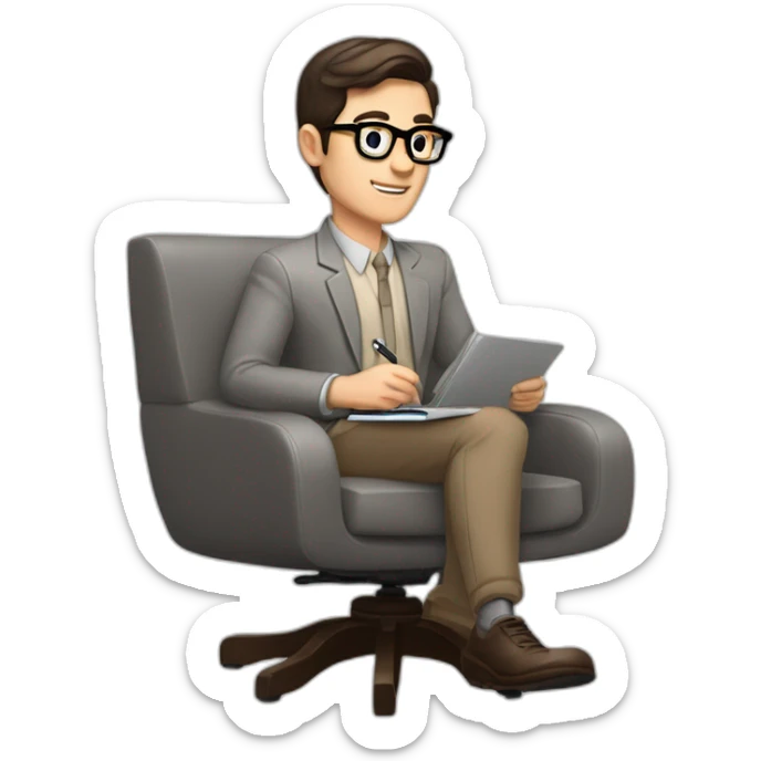 Pale skinned Fit Man With dark brown hair in gray jacket, beige office shirt and vintage glasses sitting In a soft chair with a notebook with emblem Ψ and a pen in his hands sticker