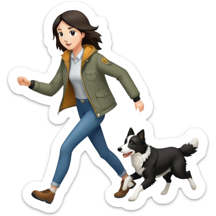 A beautiful tall girl with fair skin wearing a jacket chasing a Border Collie sticker