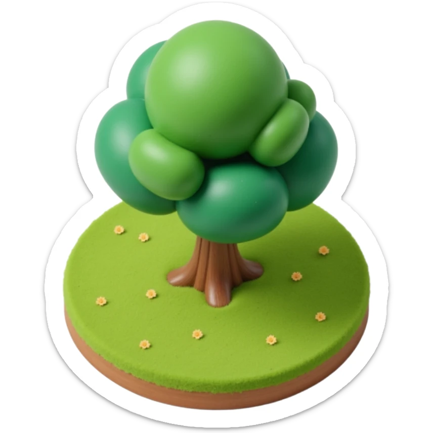 round badge featuring a tree and grass, skeuomorphic, gradients, shadows, tactile, lifelike appearance sticker