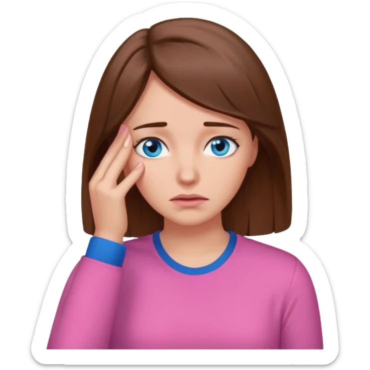 Facepalm woman brown hair blue eyes pink shirt  sticker