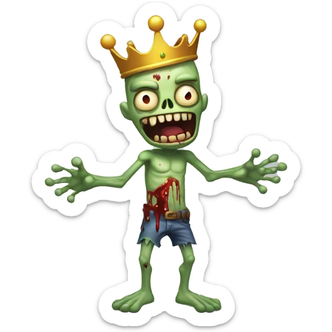 a cartoon zombie with a crown on its head,full body,make the zombie with his arms out in front of him and less bloody with no cloths and make his face smiling sticker