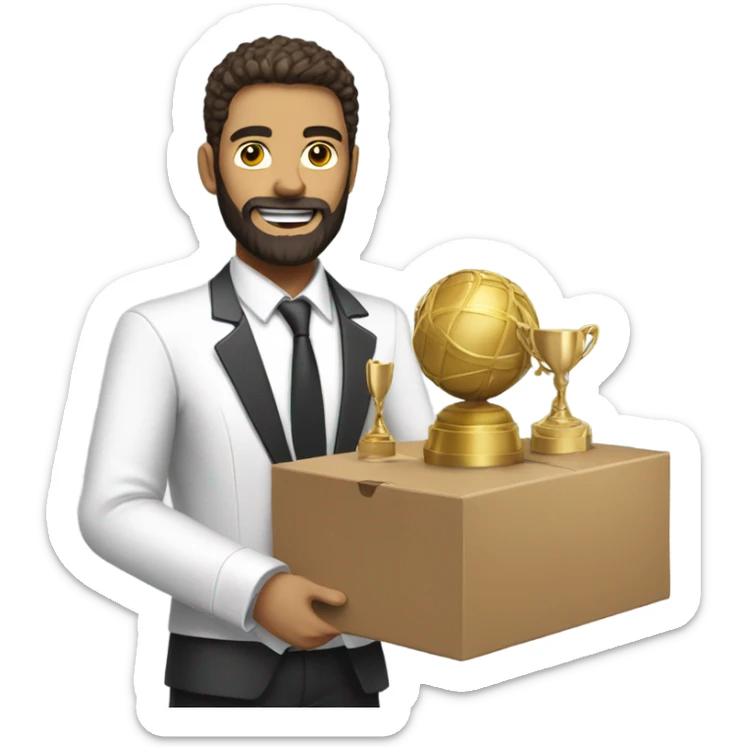 White guy with a beard in a suit taking a large box of taekwondo trophies to the garbage sticker