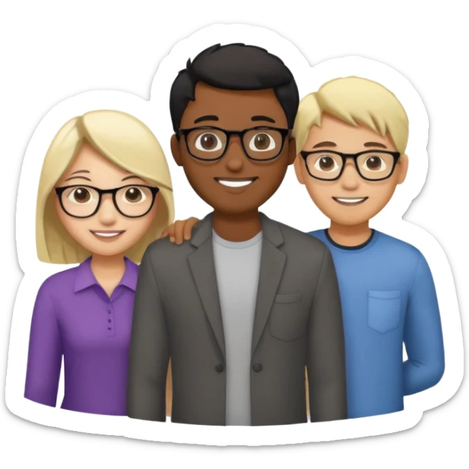 four people. Asian girl, black guy with glasses and dyed blonde hair, indian guy with glasses, asian guy sticker