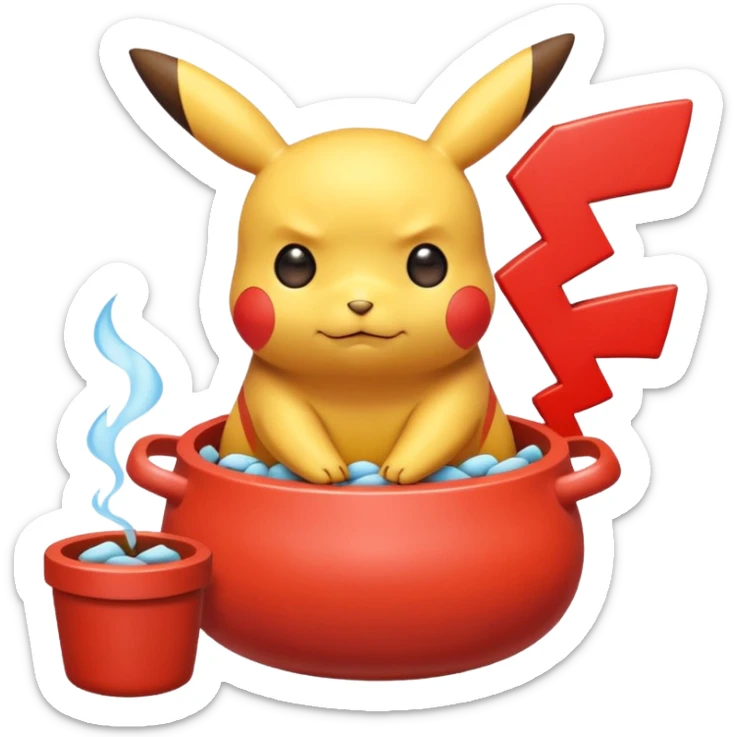Un Pikachu rouge qui et triste avec des éclairs en fond et il a fait caca et pipi dans un pot  sticker