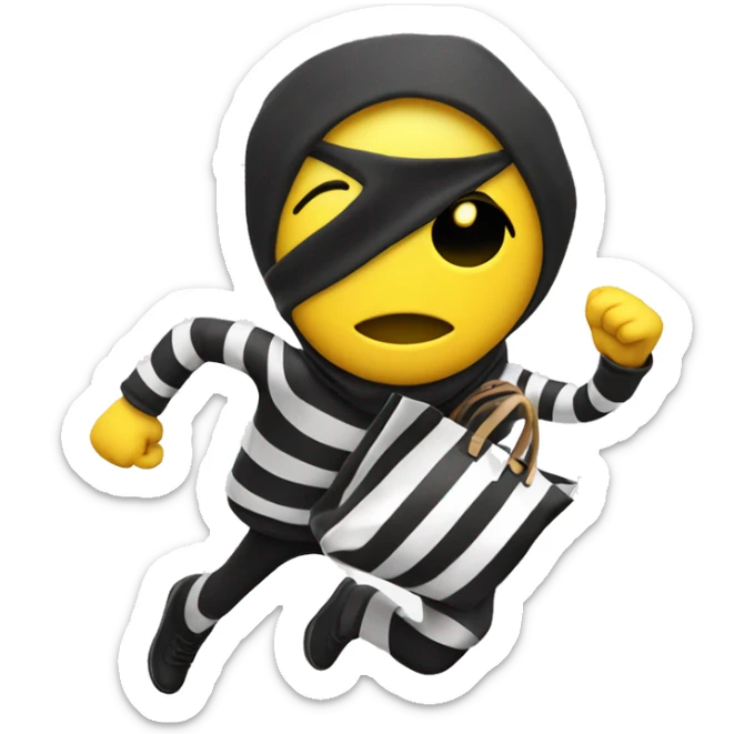 yellow thief running with bag of money, black and white striped clothes sticker