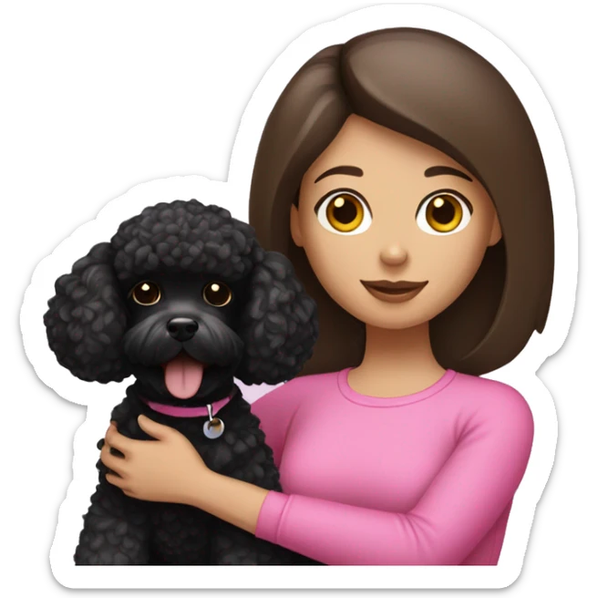 Brunette straight hair girl , in pink top holding a black toy poodle sticker