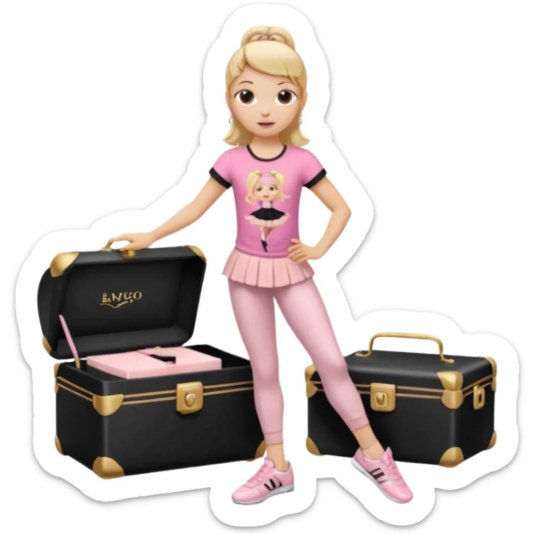 Hiphop dancer, with cute big pants, sneakers, and t-shirt. White girl blond. Coloufull shirt. No pocket pants. Dancing. Pink and black plain outfit. No sweatbands on the wrist, black music box behind her. Ballerina pose. The third on is amazing. With nothing on the shirt sticker