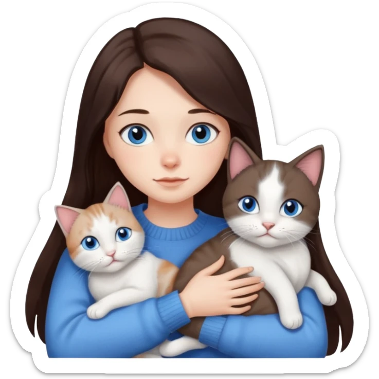 a girl with long dark 
brown hair, with blue eyes, in a
white sweater, hugs 3 different natural coloured cats sticker