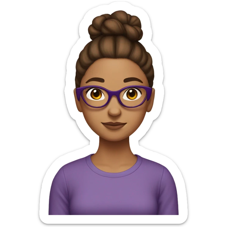girl with tortise shell square glasses, brown hair in a bun, and eight and purple swaetshirt sticker