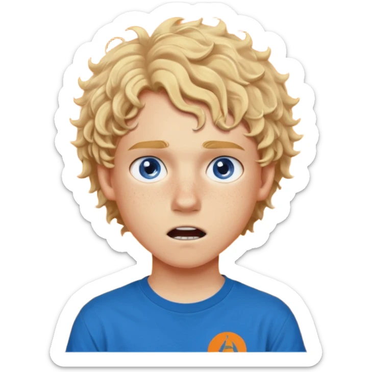teenage boy with curly blond hair and blue eyes with freckles wearing an orange “Camp Halfblood” tshirt with the official percy jackson camp halfblood logo on it have hime doing a shocked face sticker