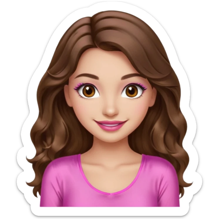 girl with long wavy brown hair, brown eyes, long lashes makeup, sexy pink lips, light to medium complexion, wearing a pink sexy silk top, smiling sticker