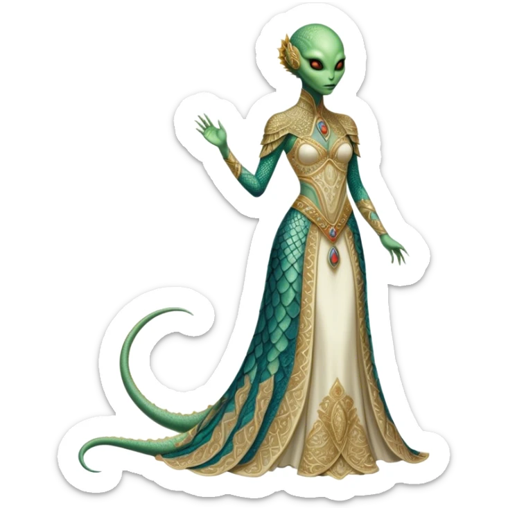 a Reptilian alien woman full body in Romanov dress sticker