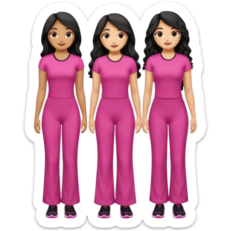 3 olive skin tone best friends. First one wearing pink gym attire modest with long black hair wavy. Second one wearing a pink fitted long maxi dress with curves long black hair and the last one wearing pink casual clothes with brown mid length hair similing looking glammed up  sticker