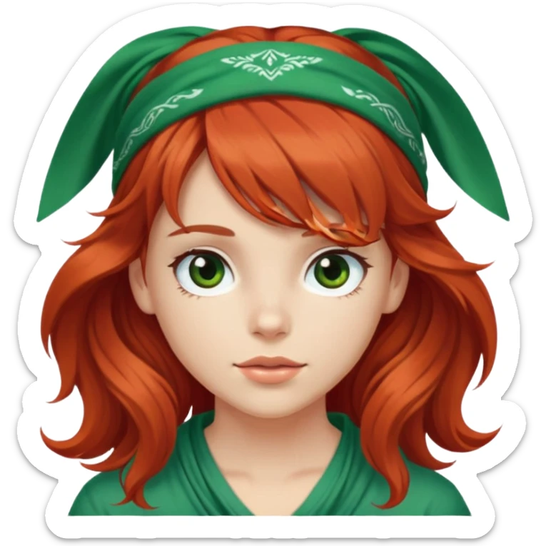 White red-haired girl with wavy long hair, brown eyes, bangs, and a green bandana on her head. sticker
