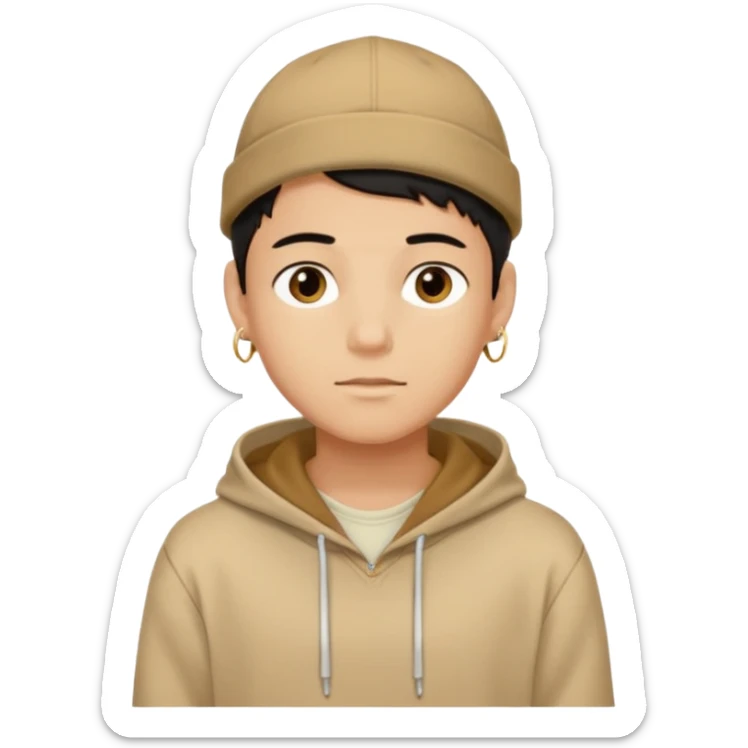 {
  "type": "human",
  "look": "male, tan hoodie, brown cap, gold jewelry, calm face, front view",
  "description": "a young man wearing a hoodie and cap, looking relaxed and confident"
} sticker