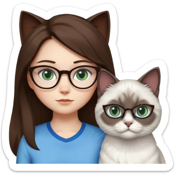 O fata cu parul saten lung ,ochii gri-albastrii ,ochelari și codițe de pisica ..și langa o pisicuță total  alba pufoasa ,cu ochii verzi și o a doua pisica siameza pufoasa cu capul maro inchis-negru și coada ,restul corpului un maro deschis spre alb  cu ochii albaștrii. sticker