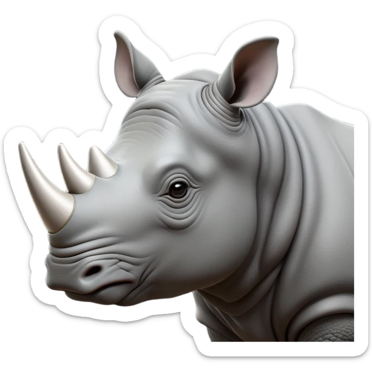 cinematic-noble--rhinoceros-portrait-emoji,slate-grey-hide--poised-and-regal,-with-a-massive,-powerful-build-and-a-thick, -deep-set-soulful-piercing-eyes,-simplified-yet-sharp-and-sophisticated-features,-highly-detailed,-large-black-eyes, zoomed out showing shoulders, large white horn  sticker