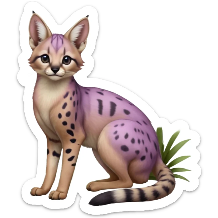 Realistic wild real life cute cool beautiful gorgeous floral pastel-lilac-violet-lavender caracal-serval-civet-genet-hybrid-animal-Fakémon-fursona photo IRL outside (full body) sticker