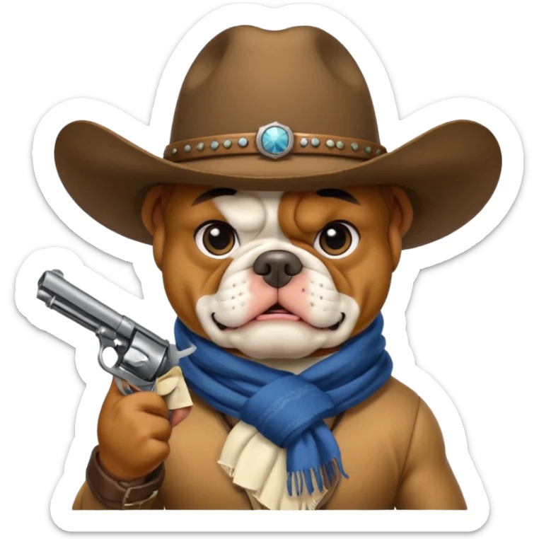 A bulldog wearing a cowboy hat, covering his mouth with a scarf so he wouldn't be recognized, pointing a revolver at you, telling you to hand over your money. sticker