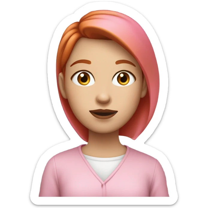 20 years old girl with straight short red hair, white skin, big pinky lips, big eyes, calm face, in pink clothes works on macbook sticker