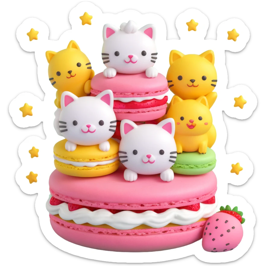 Recreate the exact image of a pink macaron with a strawberry and cream on top, filled with three cute animal faces (a white dog, a yellow chick, and a gray cat), surrounded by small yellow stars. Keep the composition and characters identical, but render in 3D iOS emoji style. sticker