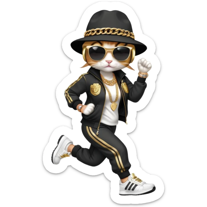 female cat running upright wearing Run DMC hip-hop outfit, tracksuit, fedora, Adidas sneakers, dark sunglasses, many gold chains, bling accessories (rings, bracelets, earrings) sticker