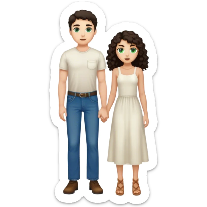 One tall man with light skin, green blue eyes, short straight dark hair, wearing jeans. With one girl with tan skin and long curly dark hair and brown eyes wearing a white midi dress.  sticker
