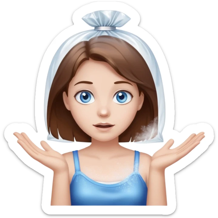 Brown hair blue eye Girl shrugging holding a clear plastic bag with white sparkly powder sticker